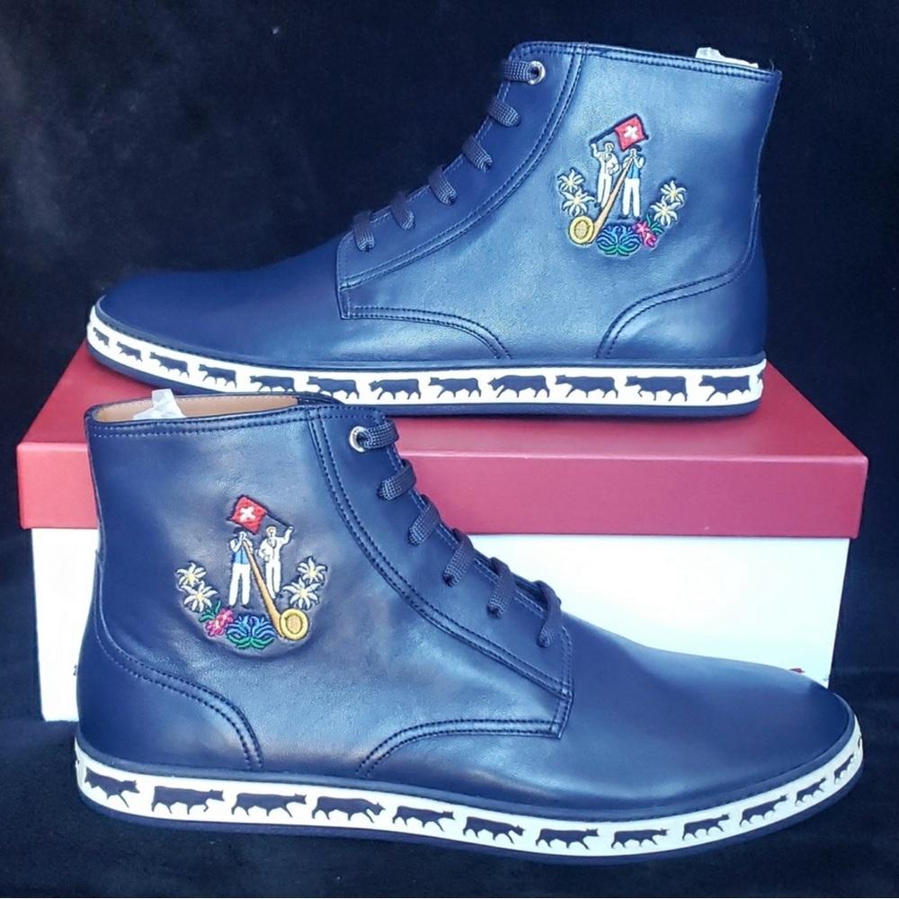 Bally Dark Blue High-Top Sneakers with Colorful Embroidery